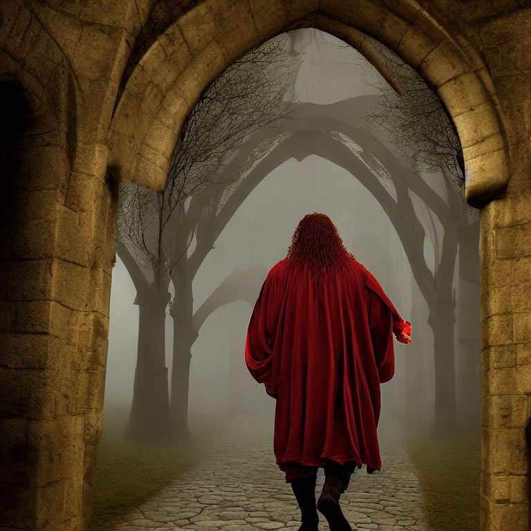 Person in Red Cloak Walking Through Stone Corridor into Foggy Woods with Red Rose