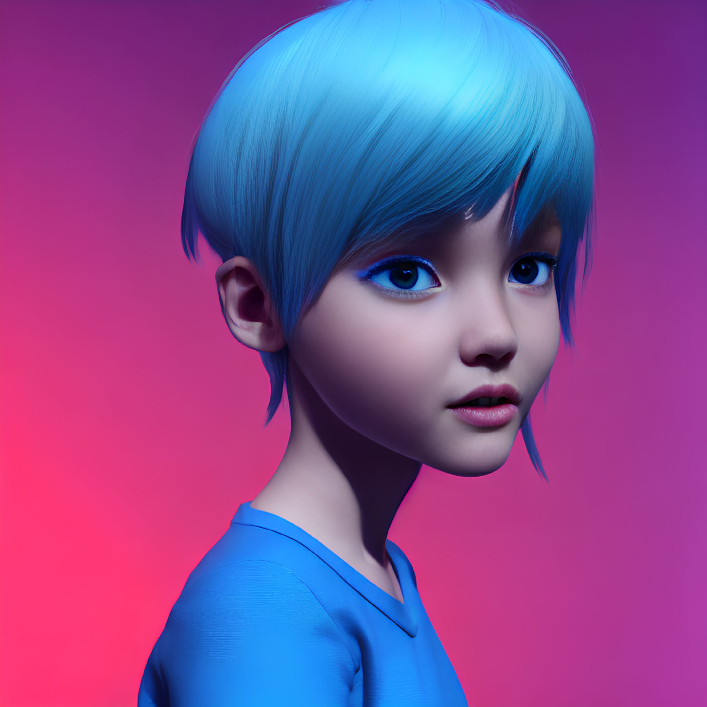 Vibrant blue hair and eyes on young person in digital 3D illustration