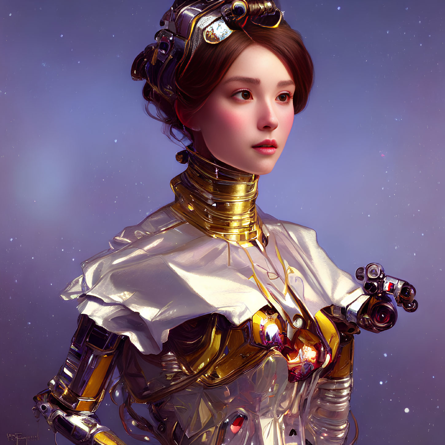 Futuristic portrait of woman with robotic arm and mechanical elements amid starry background