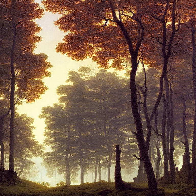 Misty forest with sunlight filtering through autumn leaves