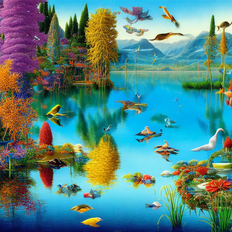 Colorful surreal landscape with vibrant flora and fauna by tranquil lake