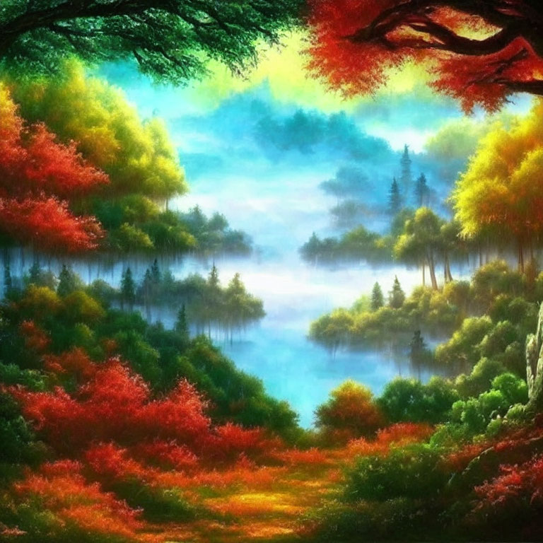 Colorful Forest Landscape with Misty Lake and Seasonal Trees