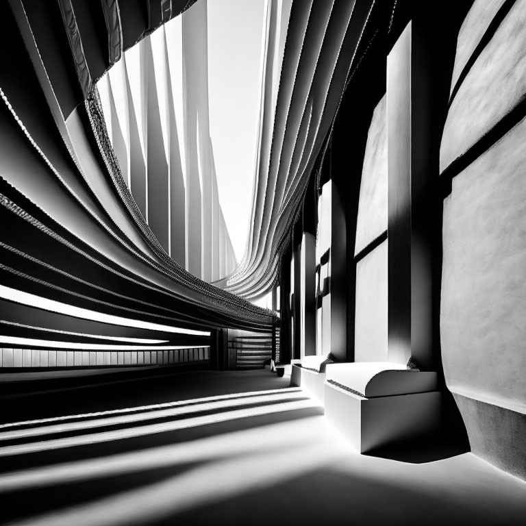 Abstract Monochrome Architectural Interior with Curved Walls and Dramatic Light Effects