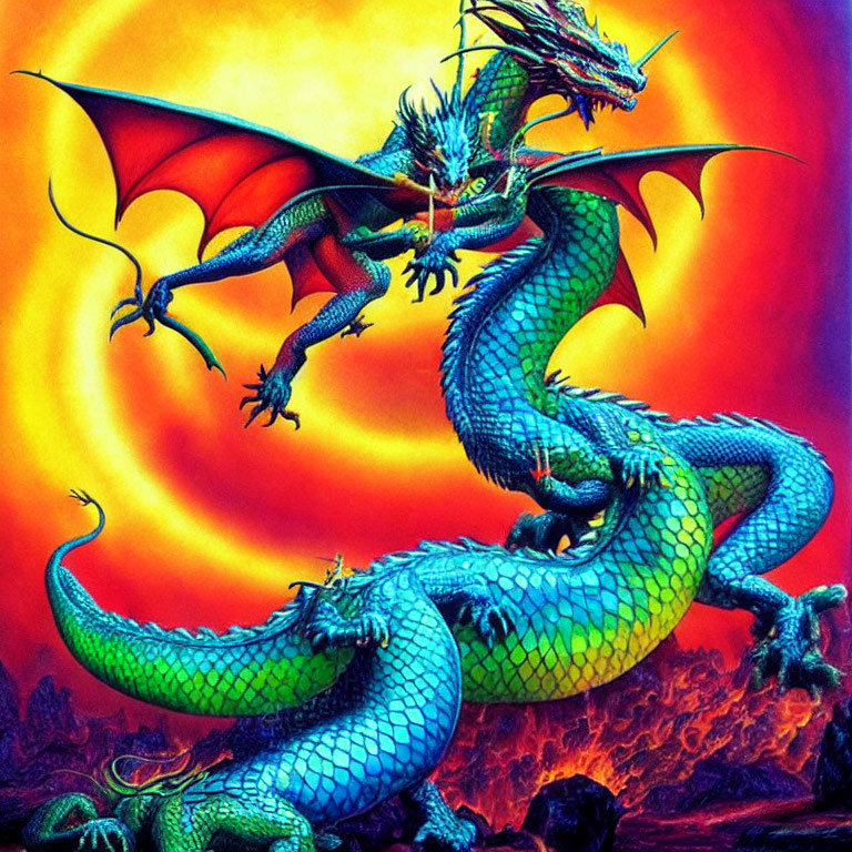 Detailed Green Dragon Illustration with Multiple Heads and Wings on Fiery Background