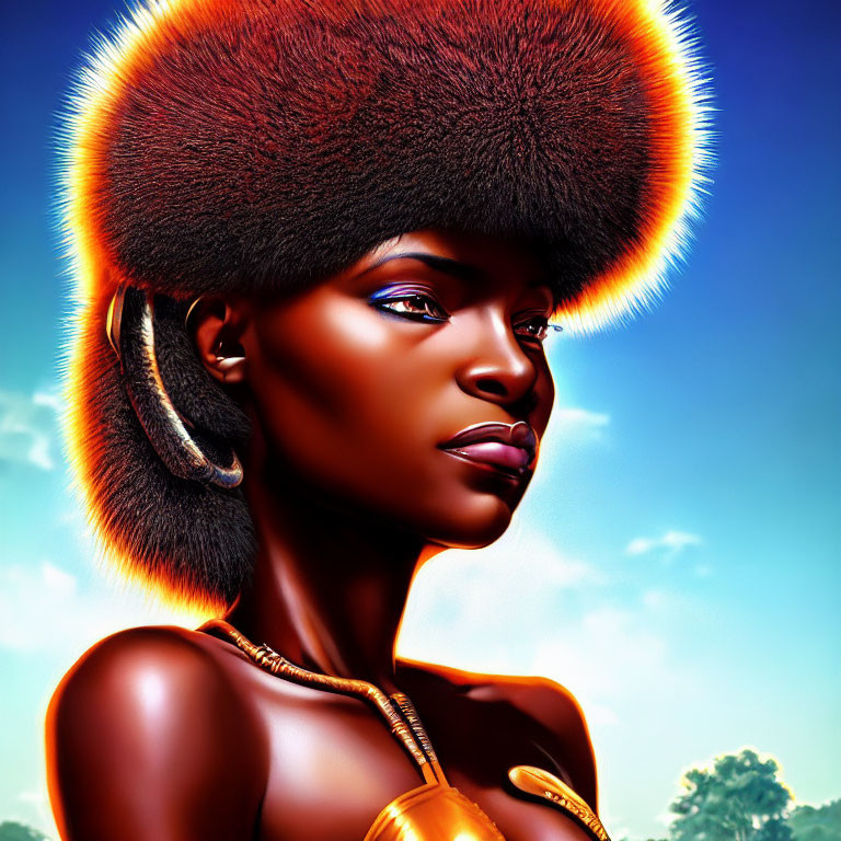 Digital portrait of woman with glowing edges, afro hairstyle, hoop earrings, and golden neckpiece on