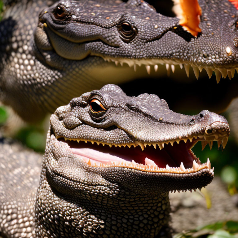 Detailed close-up of two crocodiles with open mouths and sharp teeth in natural light