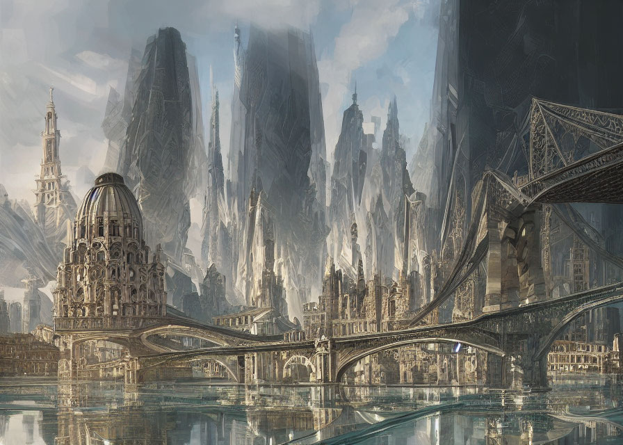 Futuristic cityscape with crystalline towers and classic architecture.