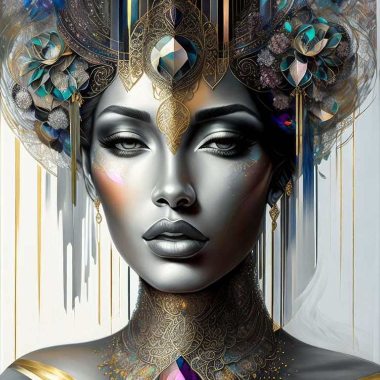 Illustration of woman with elaborate headgear and metallic skin.