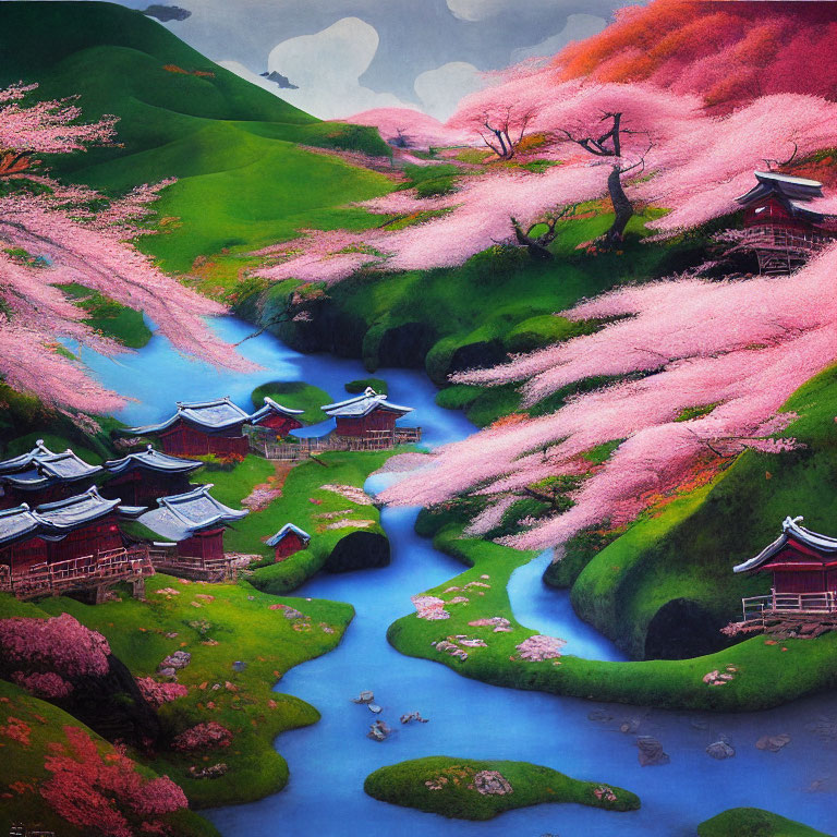 Serene river in valley with cherry blossoms & traditional houses