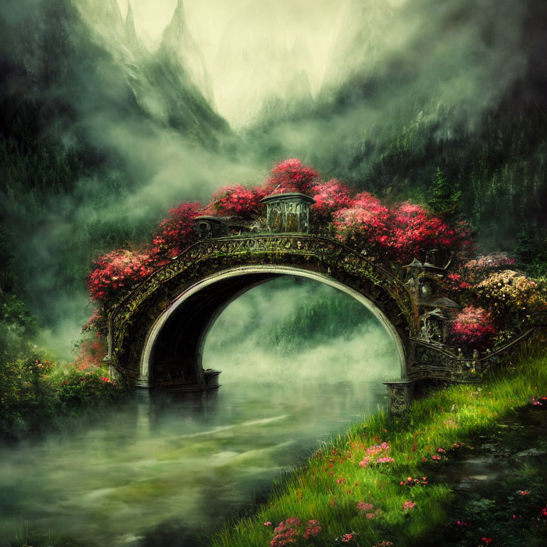 Stone bridge with vibrant flowers over misty river in green woodland