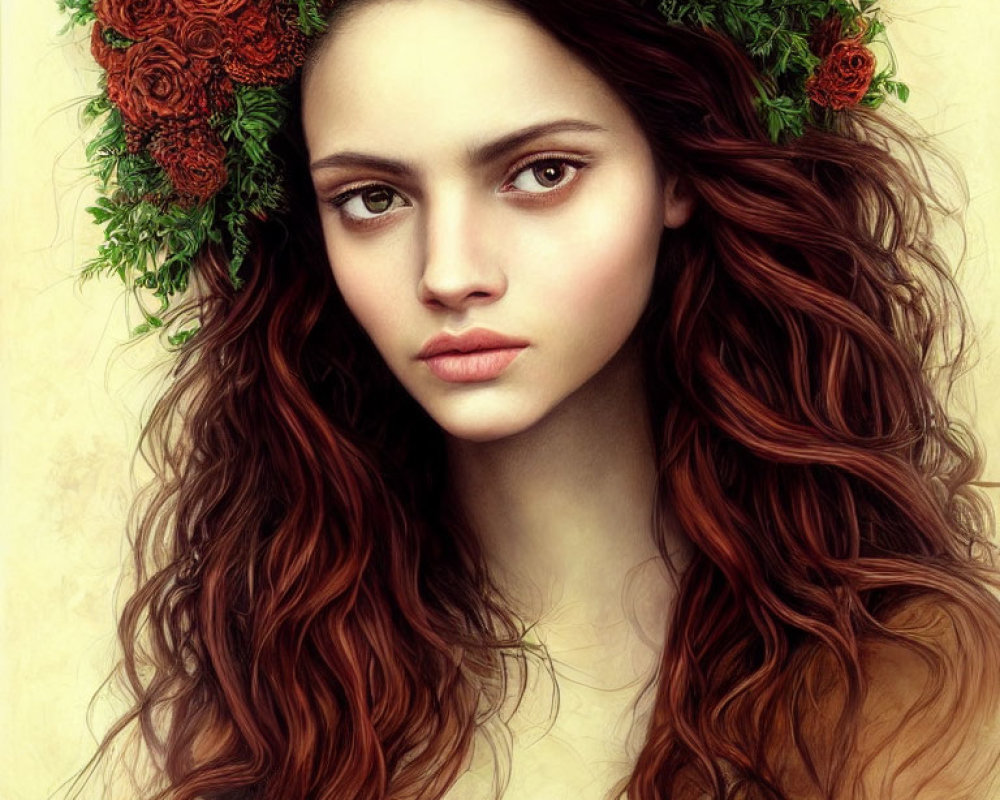 Portrait of woman with long wavy hair in red rose wreath