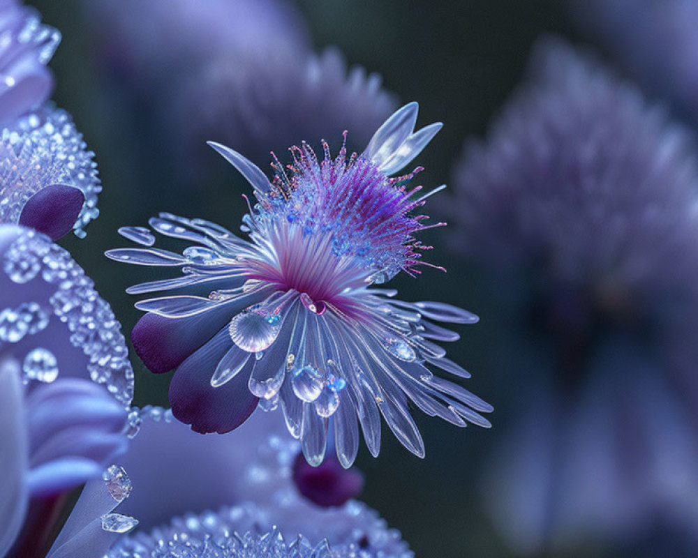 Dew-covered flowers with prominent bloom in focus