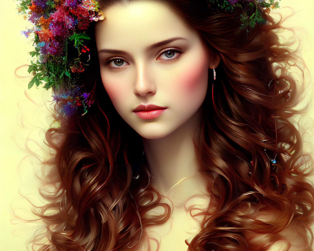 Digital portrait of woman with long wavy brown hair and vibrant floral crown in blue, purple, and