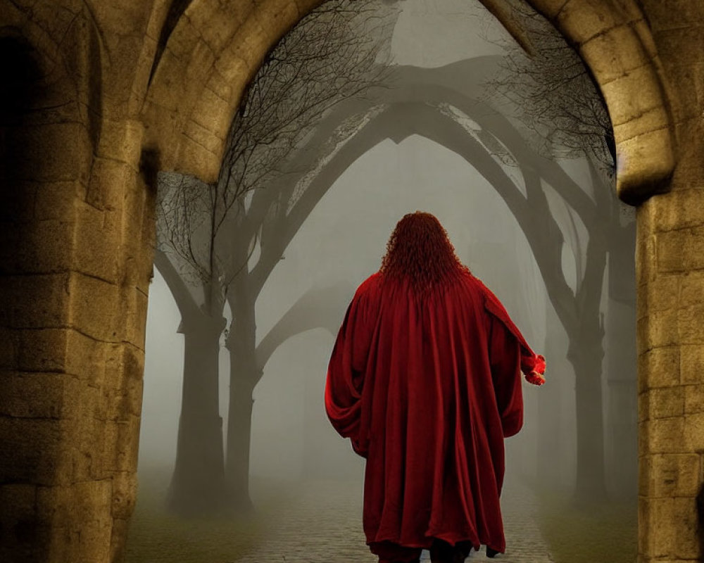 Person in Red Cloak Walking Through Stone Corridor into Foggy Woods with Red Rose