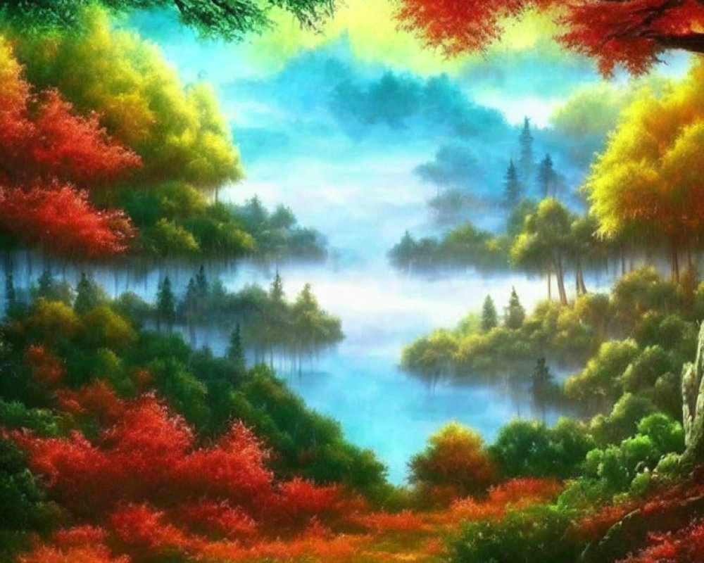 Colorful Forest Landscape with Misty Lake and Seasonal Trees