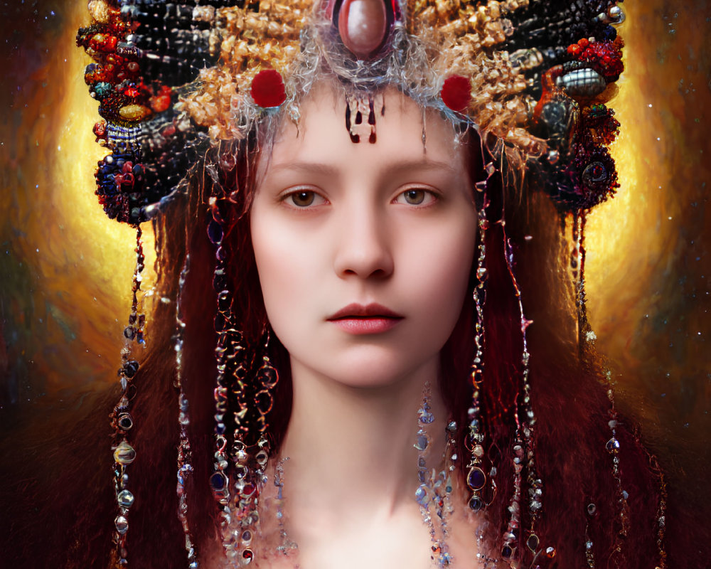 Pale woman in ornate headpiece against warm backdrop