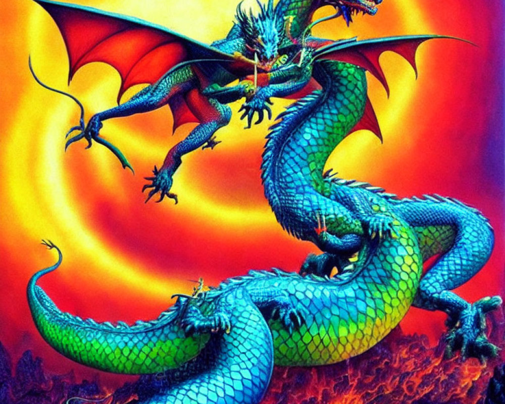 Detailed Green Dragon Illustration with Multiple Heads and Wings on Fiery Background