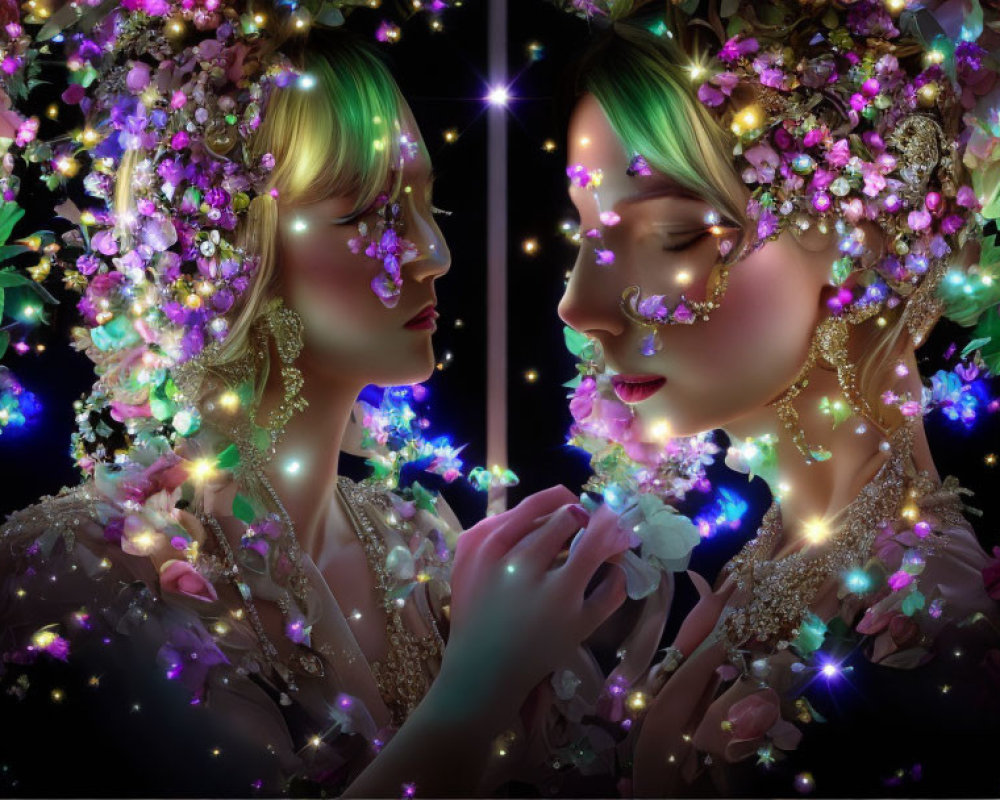 Two women with luminescent flowers and gems in ethereal darkness