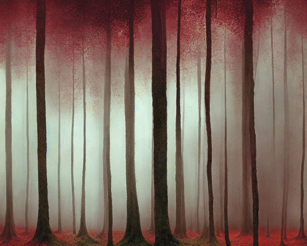 Mystical forest with tall trees, red and pink canopy, and foggy ground