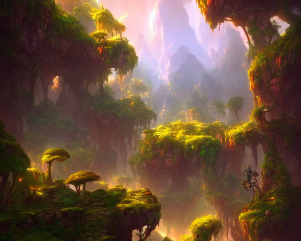 Enchanting forest scene with floating islands and solitary figure