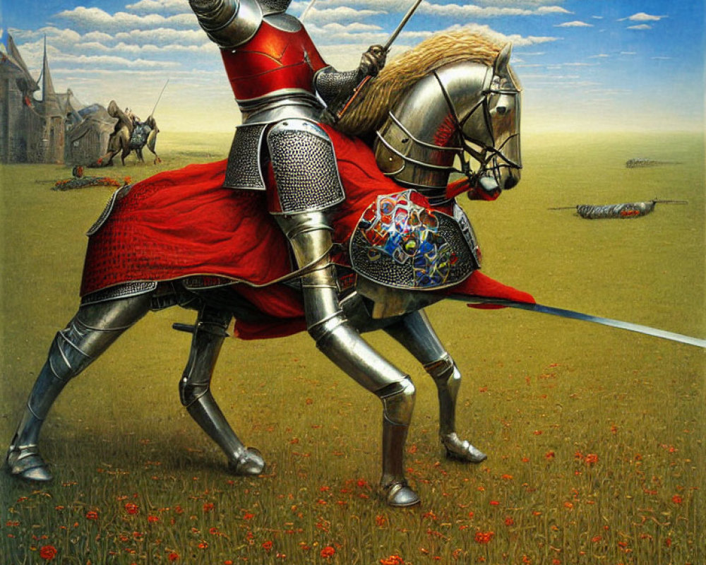 Medieval knight in full armor riding grey horse through field of red flowers