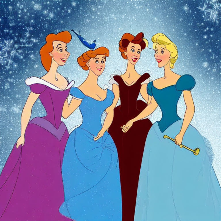 Four animated princesses in colorful ball gowns on sparkling background