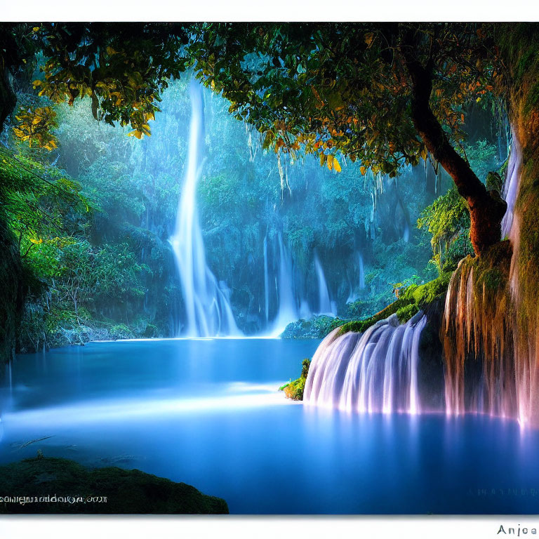 Tranquil forest scene: Cascading azure waterfall and calm blue pool