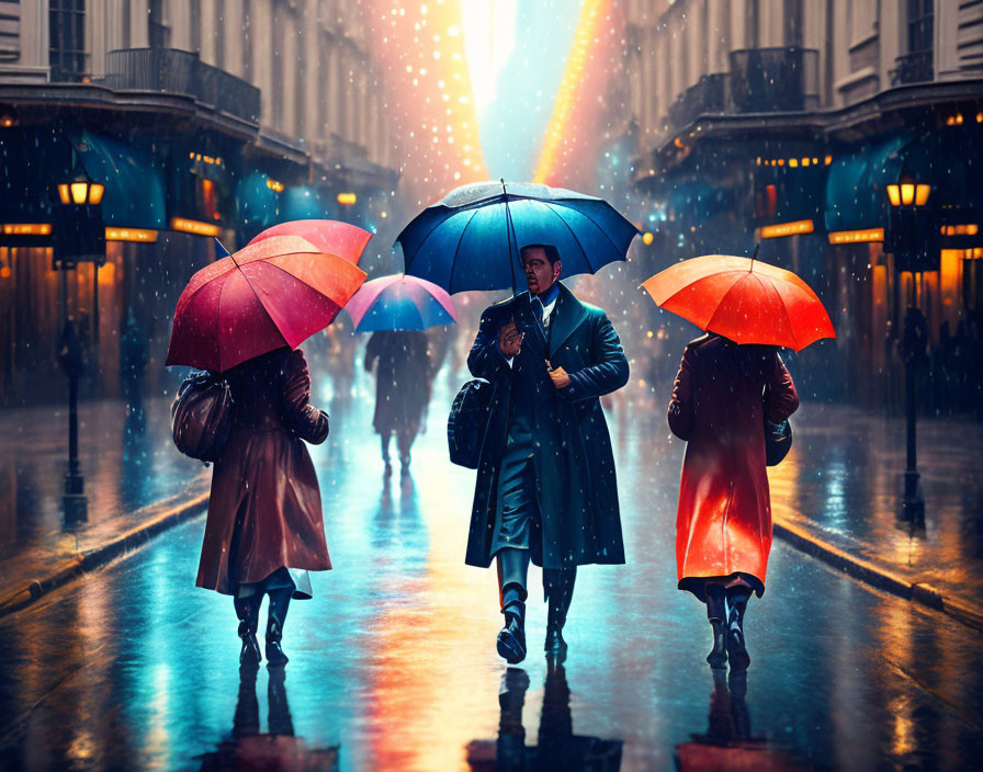 Colorful Umbrellas Trio Walking on Rainy City Street at Night