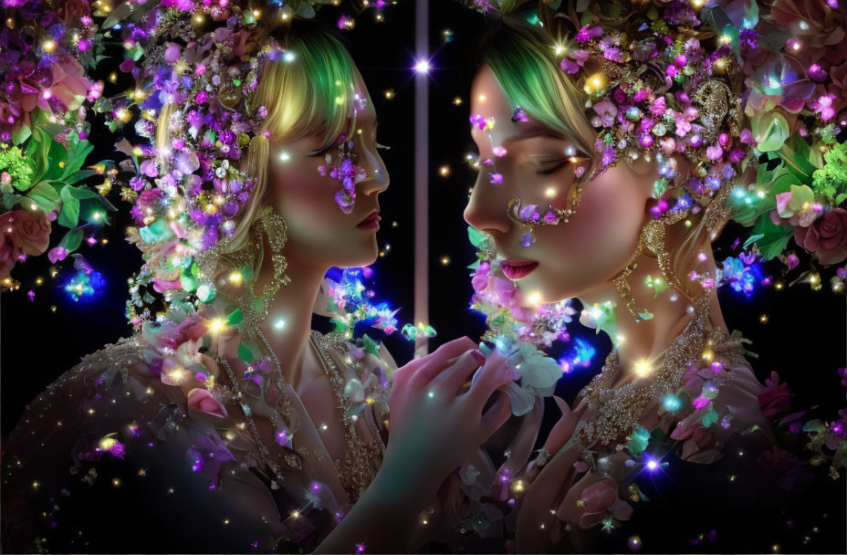 Two women with luminescent flowers and gems in ethereal darkness