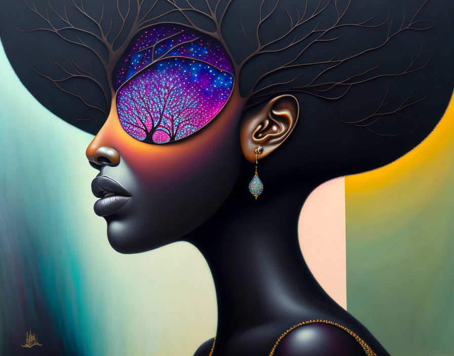 Stylized portrait of woman with afro and cosmic tree under starry sky on multicolored