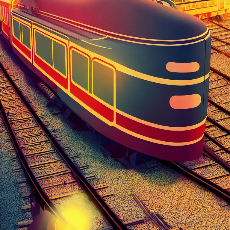 Detailed Illustration of Red and Blue Train on Intricate Tracks