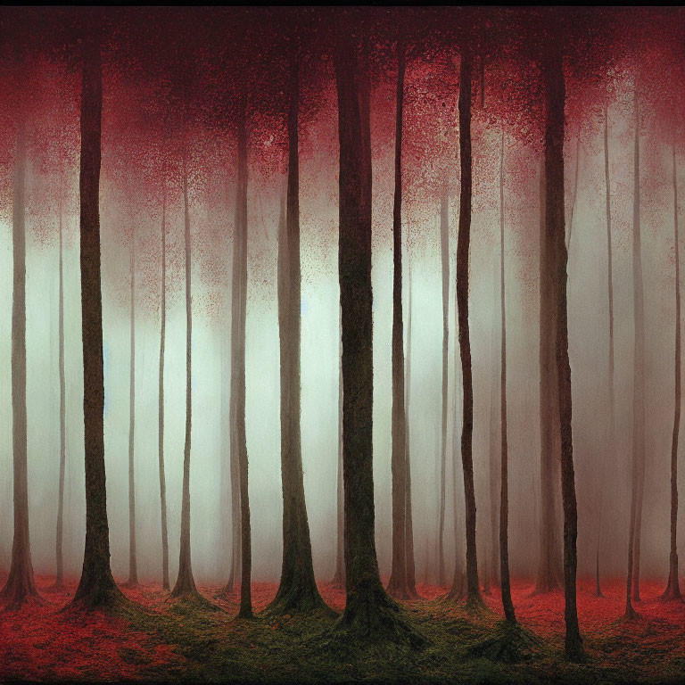 Mystical forest with tall trees, red and pink canopy, and foggy ground