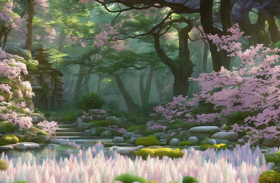 Tranquil forest landscape with babbling brook and cherry blossoms