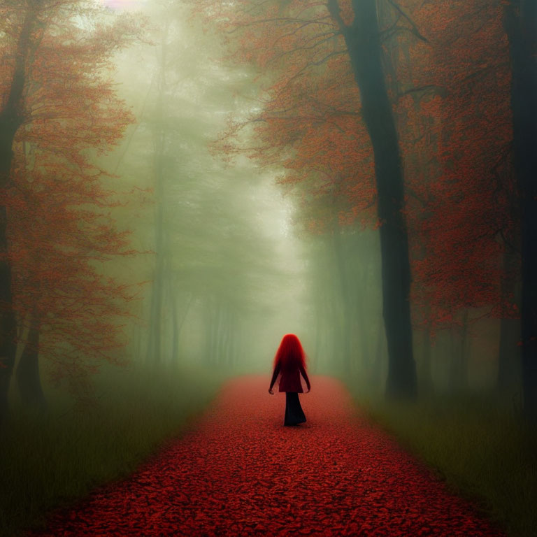 Solitary figure walking on red-leaf path in misty forest