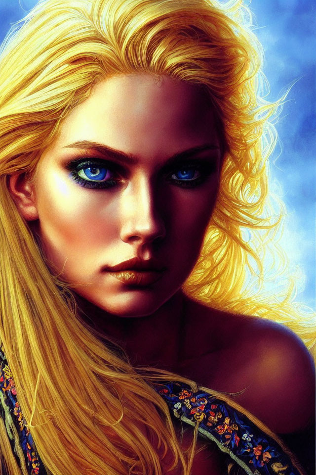 Blonde woman with blue eyes and vibrant makeup under blue light