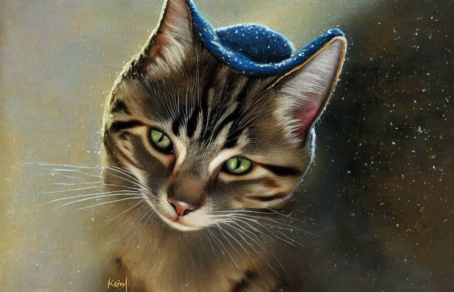 Detailed Hyper-Realistic Cat Illustration with Green Eyes and Blue Hat