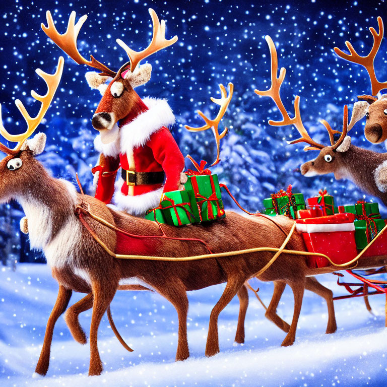 Festive reindeer pulling sleigh with gifts in snowy night