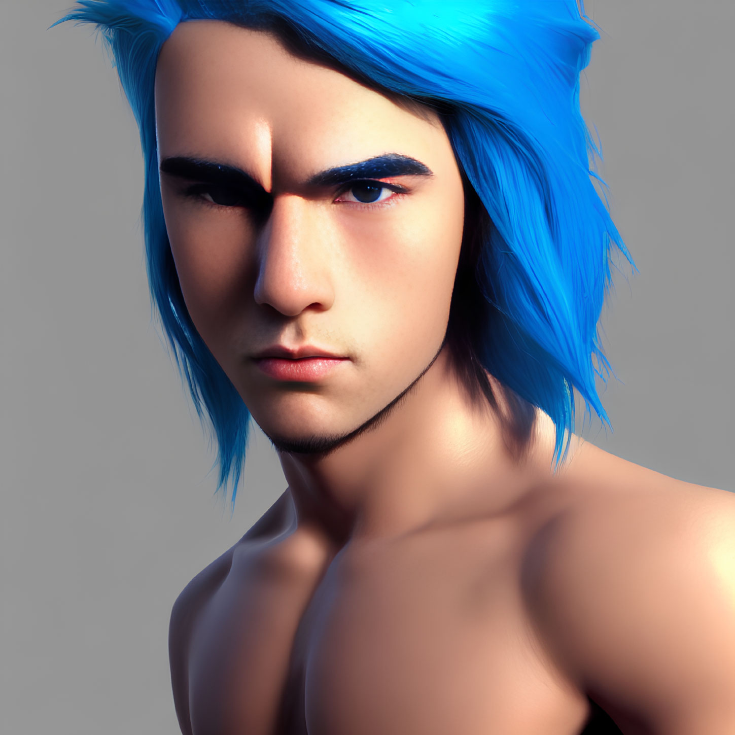 Male figure with vivid blue hair and intense brown eyes on neutral background