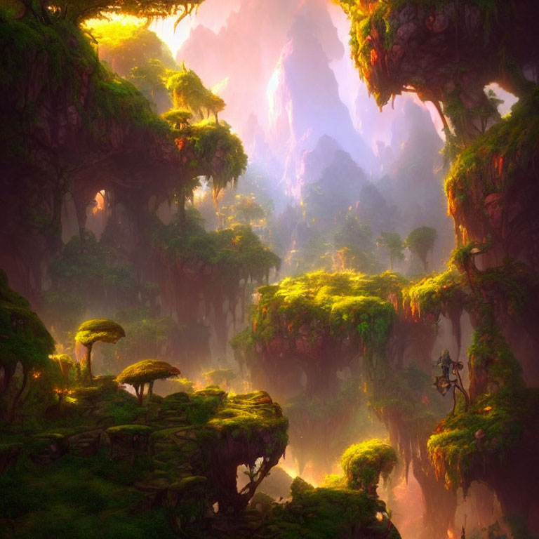 Enchanting forest scene with floating islands and solitary figure