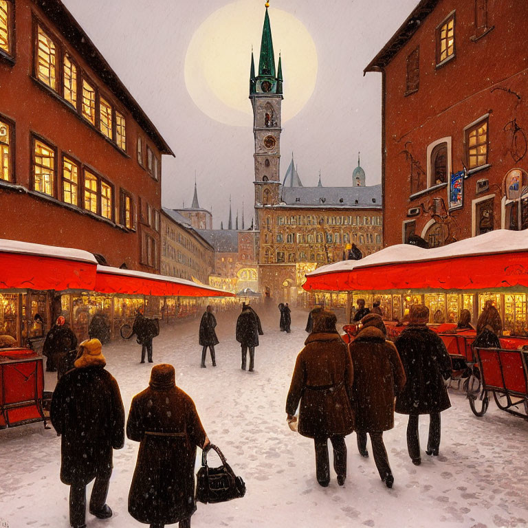 Snowy town square Christmas market at dusk with lit stalls, shoppers, clock tower