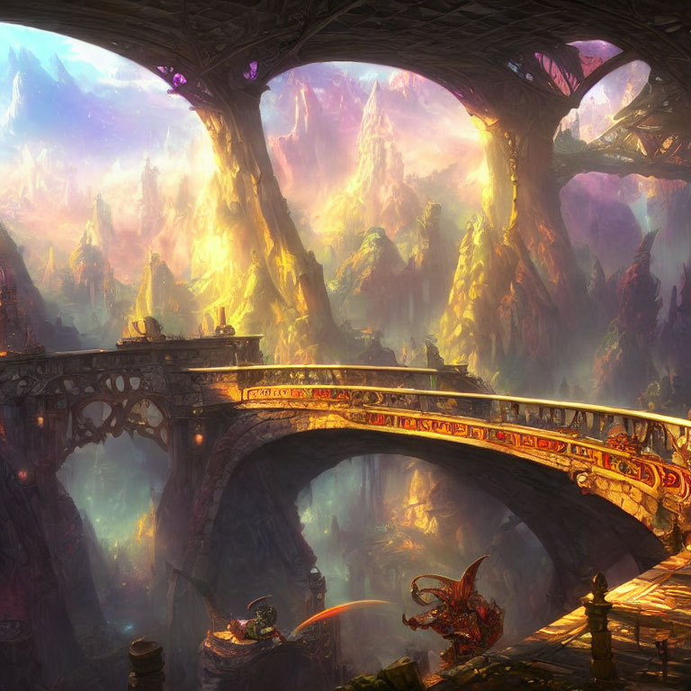 Fantastical landscape with ornate bridges, dragon, and vibrant mountains under sunset sky