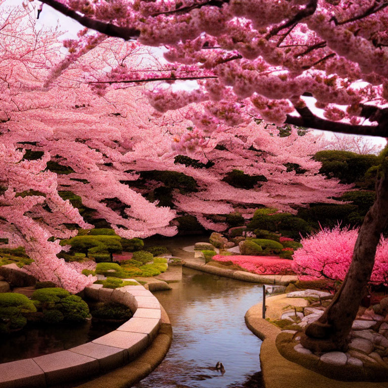 Tranquil Japanese garden with cherry blossoms and stream