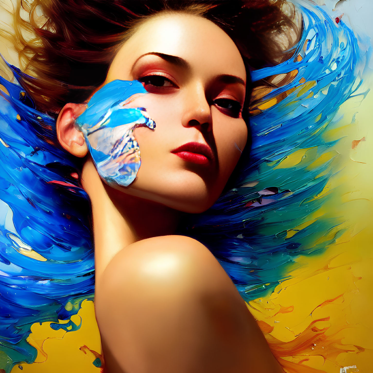 Vibrant painting of a woman with blue hair and butterfly face art