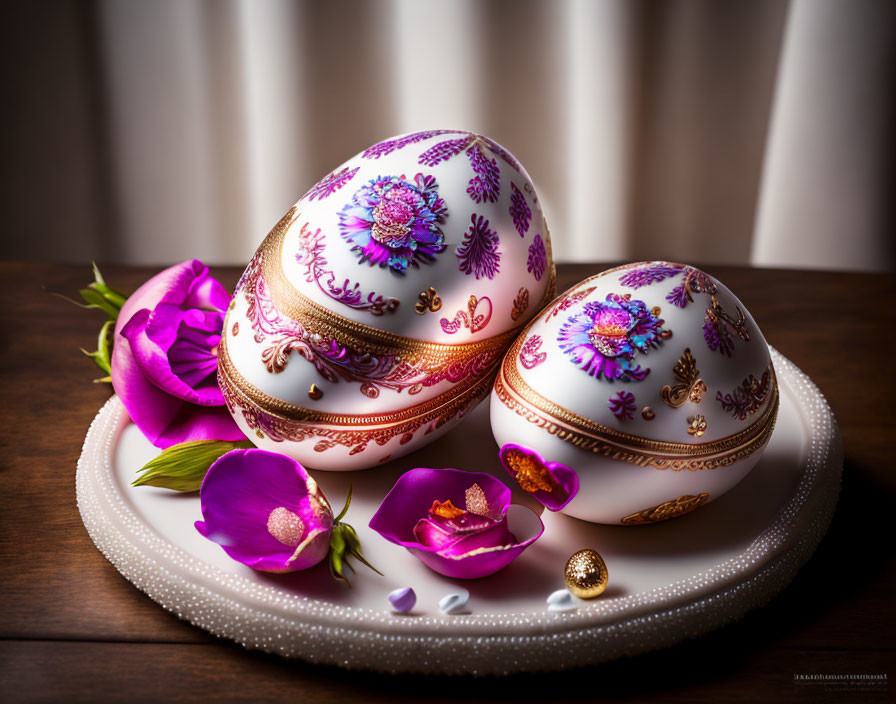 Decorated Eggs with Pink and Purple Floral Patterns on White Plate