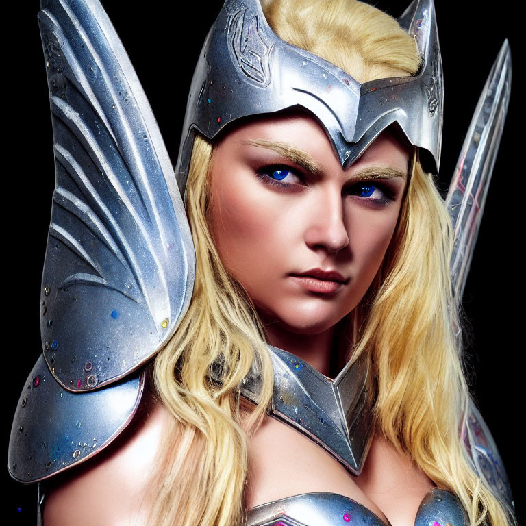 Fantasy-inspired metallic armor with winged shoulder pads and helmet on a person with intense gaze