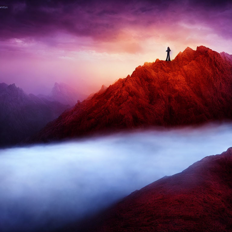 Person standing on rugged mountain peak under dramatic purple sky