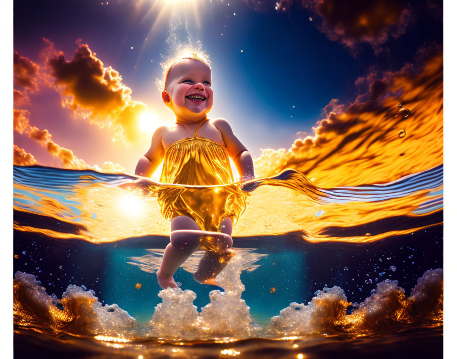 Baby in Yellow Outfit Splashing in Water at Sunset