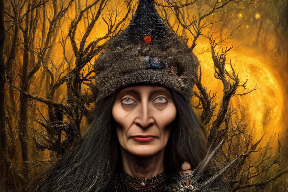 Person in witch's hat with stern expression under yellow moon.