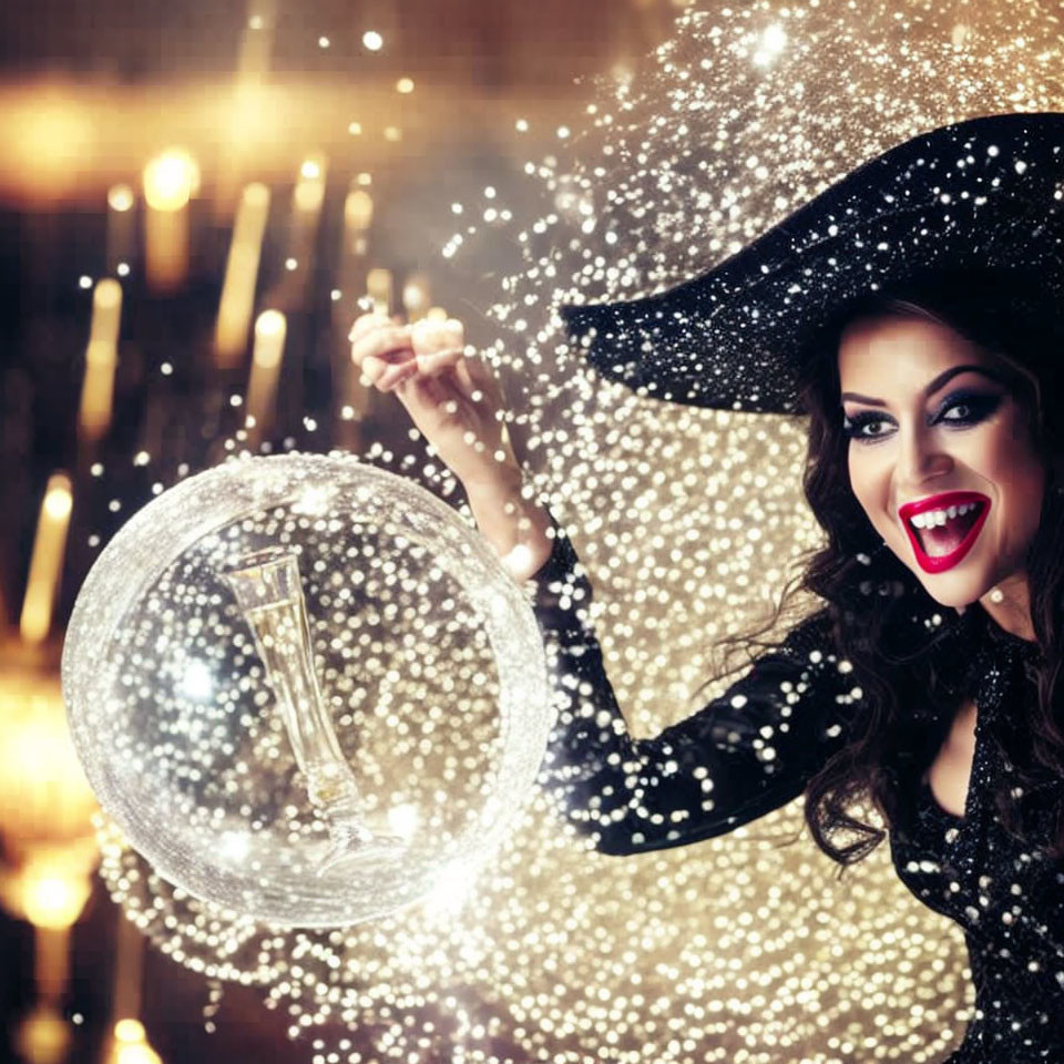 Woman in Black Glitter Outfit Smiling with Champagne Glass in Sparkling Sphere