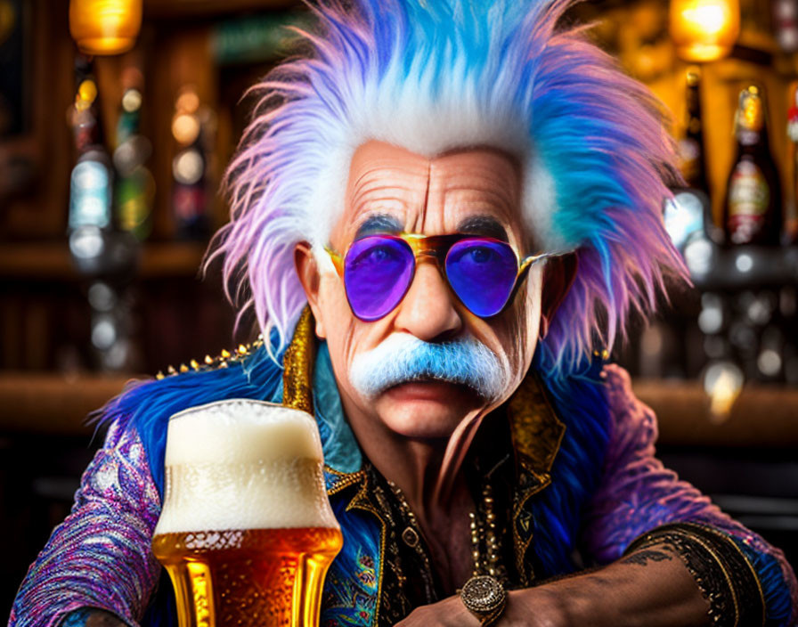 Colorful older man with blue and purple hair in sunglasses and vibrant jacket holding beer in bar